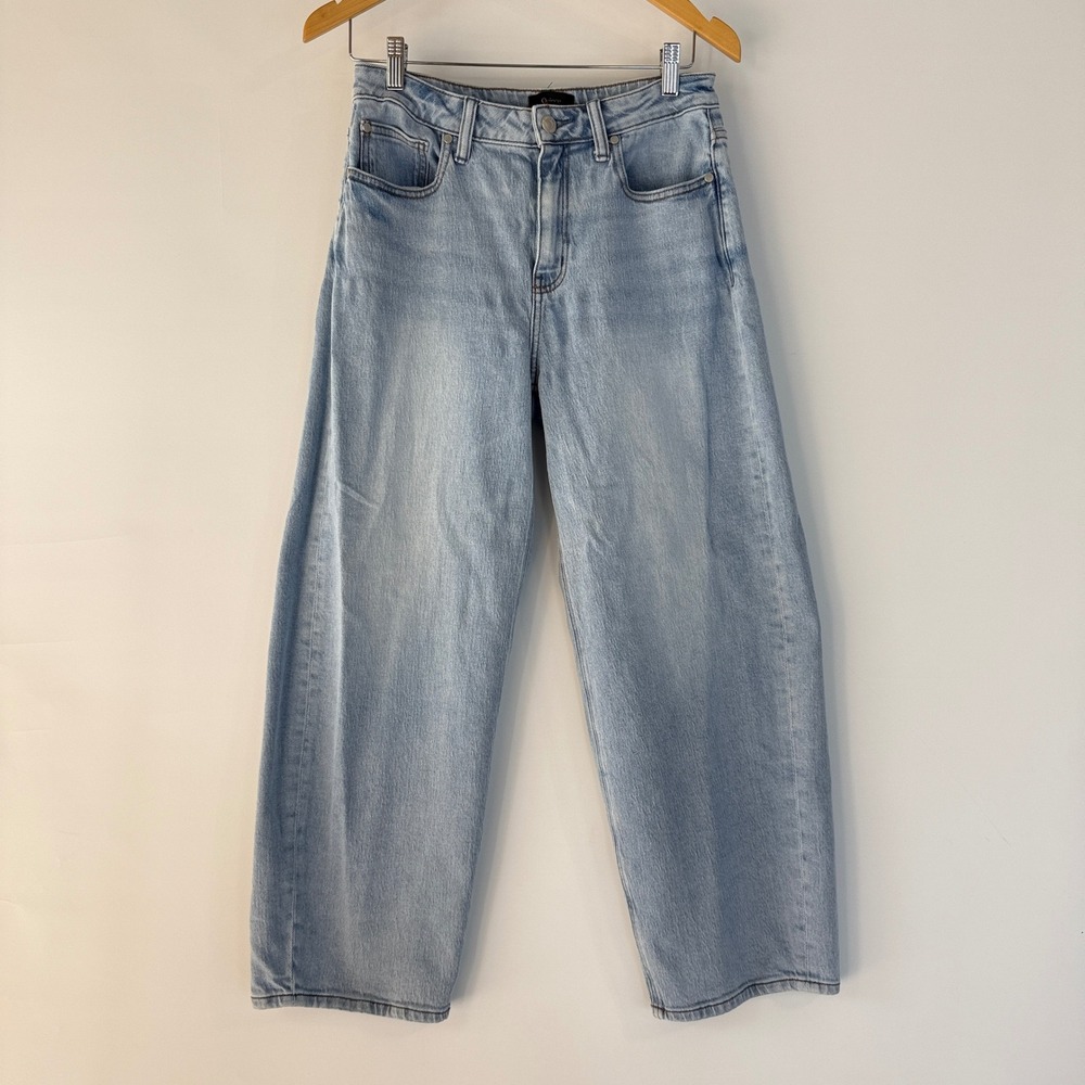 Quince Bella Stretch Barrel Jeans Womens 28 Cool Blue Light Wash High Rise Denim